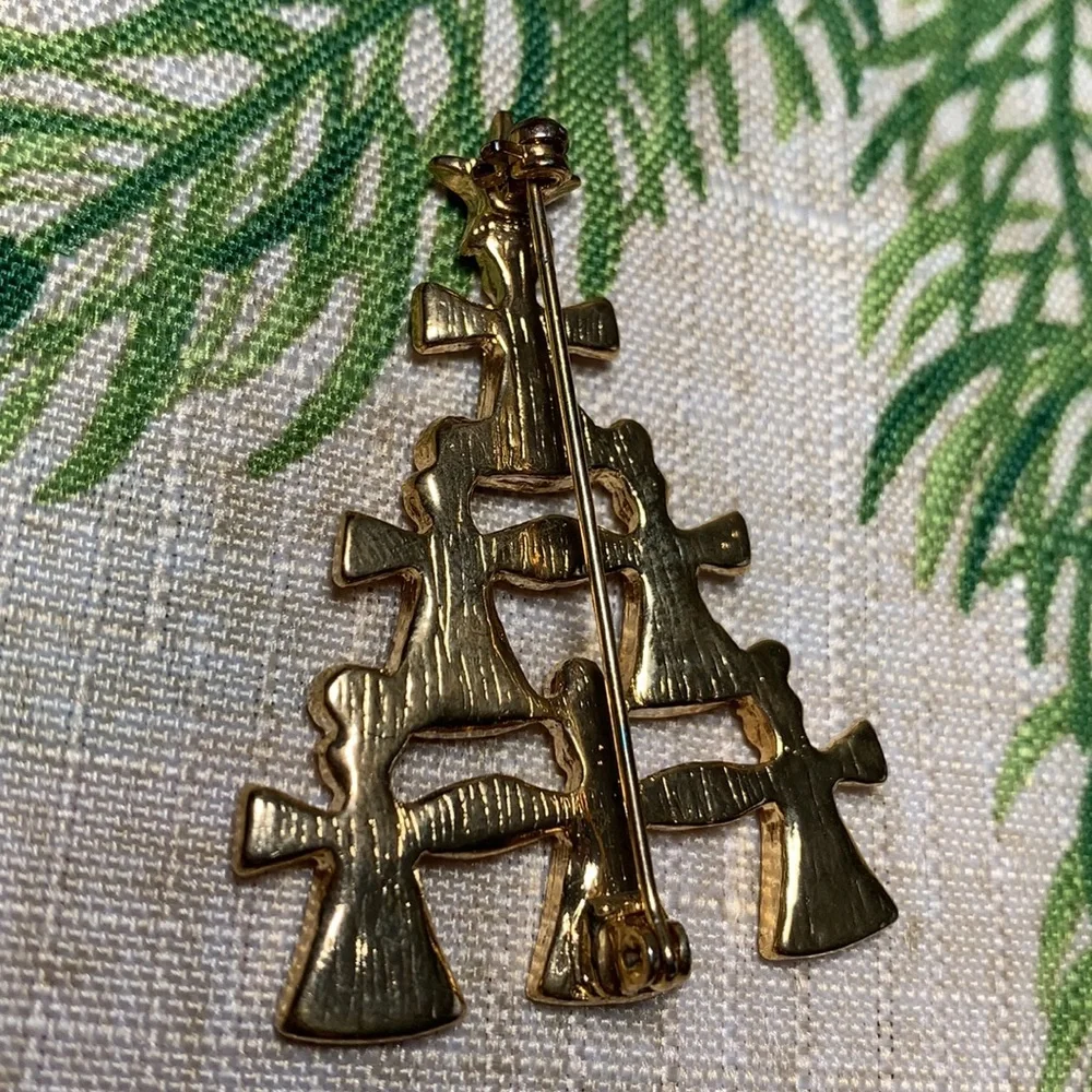 Vtg Angels Christmas Tree Brooch Red Green Enamel Gold Tone Rhinestones